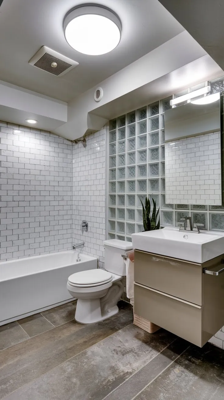 Sleek Modern Basement Bathroom with Glass Brick Wall