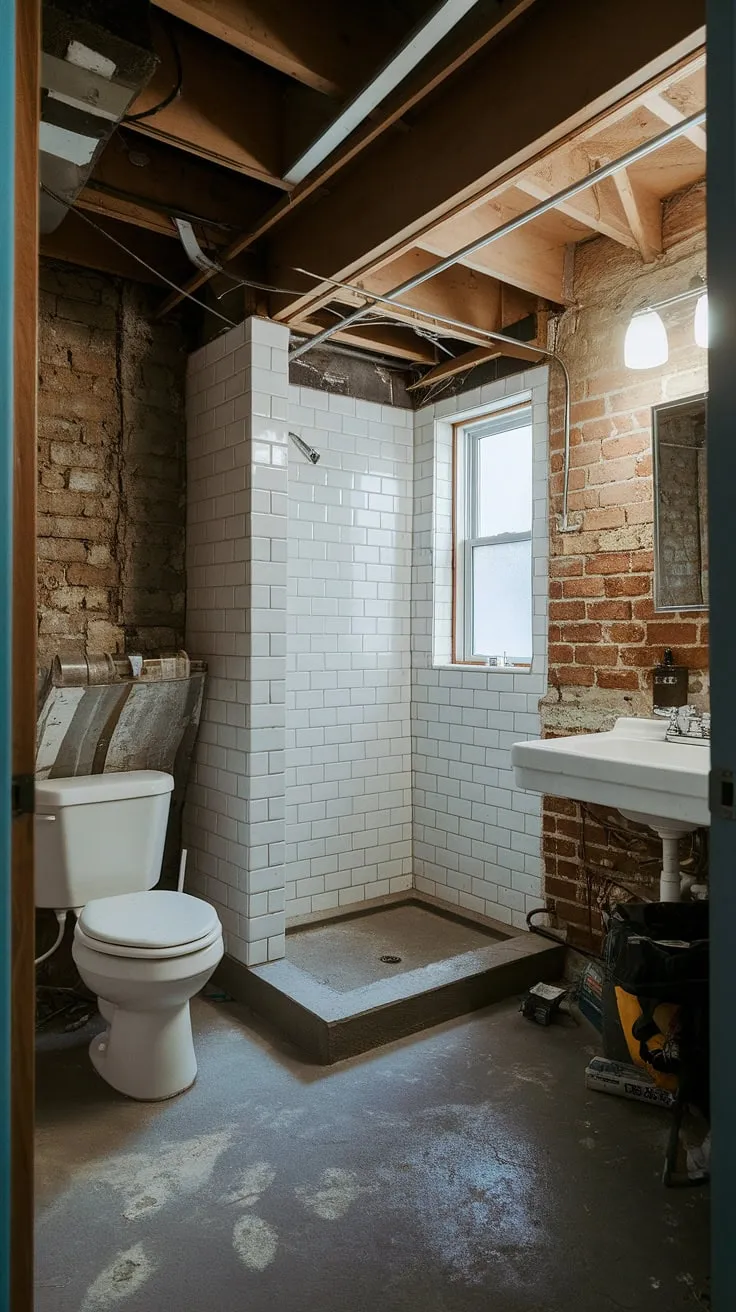 From drab to fab! This basement remodel completely reimagines the basement restroom.  The addition of a basement shower and updated basement fixtures elevates this basement bath to a luxurious retreat.  The exposed brick adds character, while the bright lighting highlights the successful basement plumbing and overall basement design.  This basement renovation proves that even basement utilities can be stylish and functional, maximizing the potential of this basement space.