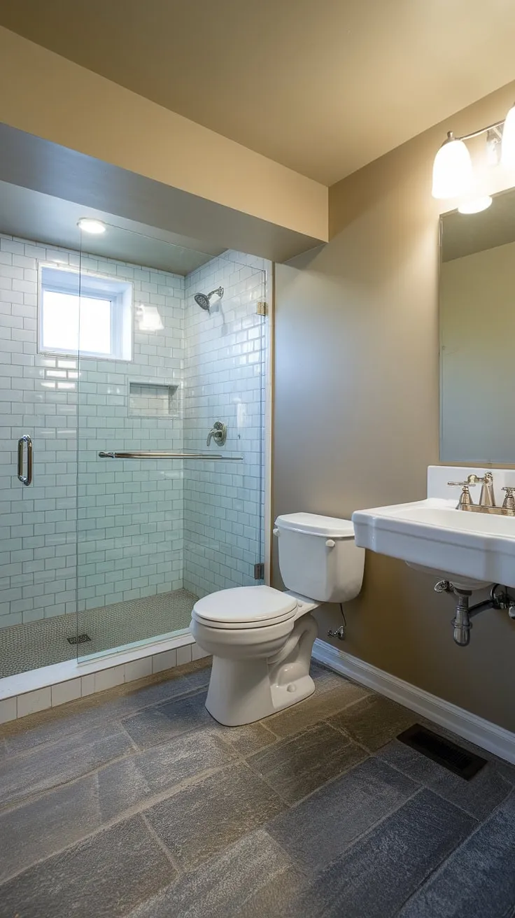 Transforming unused basement space into a stylish and functional basement washroom. This basement renovation boasts updated basement utilities, including a new basement shower, basement toilet, and sink.  The clever basement design and efficient basement plumbing make this basement bath a welcome addition, showcasing the potential of basement remodel projects.