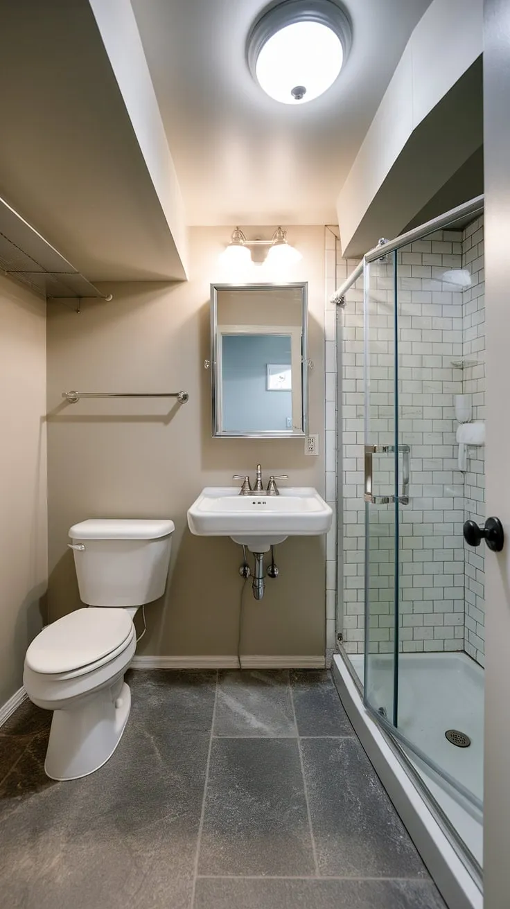 This stunning basement bath is a perfect example of how basement plumbing can be elegantly incorporated into a basement restroom.  The clever basement design maximizes the limited basement space, creating a bright and inviting basement washroom.  From the modern basement fixtures to the thoughtful basement design, this basement renovation showcases the possibilities of transforming a basement toilet and shower into a luxurious basement bathroom.