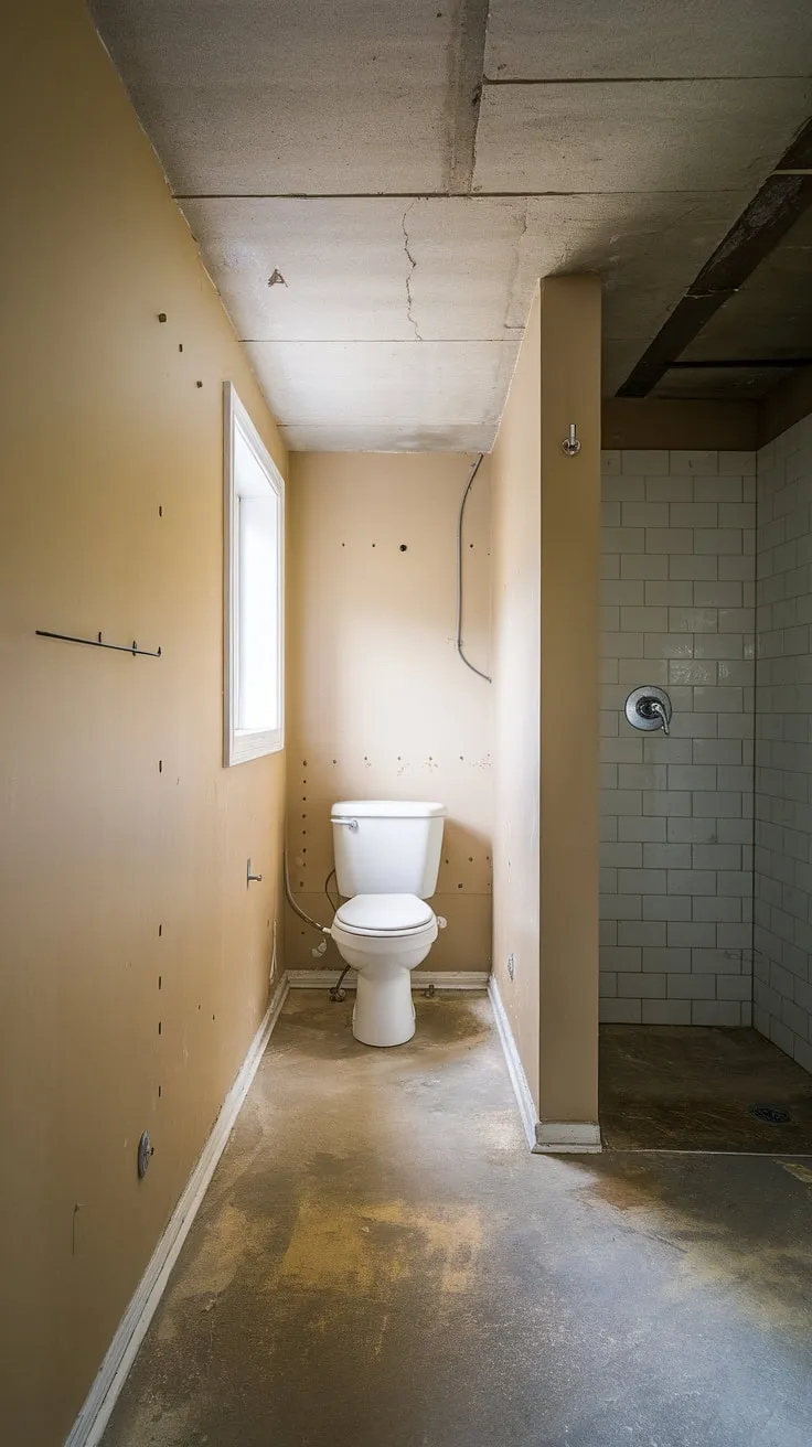 Raw concrete and beige walls create a unique backdrop for this basement washroom.  While the existing basement toilet and shower are functional, this basement bath presents a fantastic opportunity for a basement renovation.  Imagine the possibilities: updated basement fixtures, improved basement design, and a fully realized basement space, all while showcasing the character of the original basement utilities.  This basement in its current state is a testament to the potential of basement design.