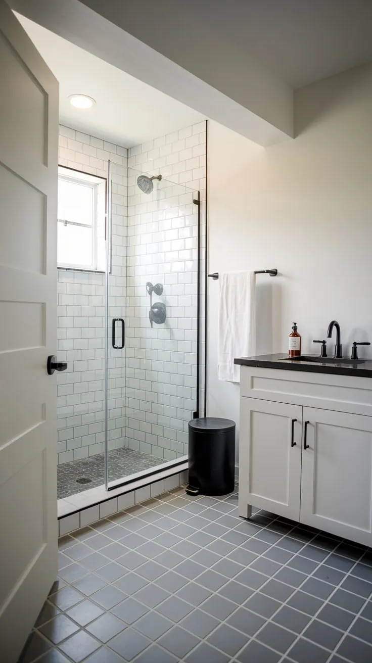 Sleek Modern Basement Bathroom with Stylish Walk-in Shower