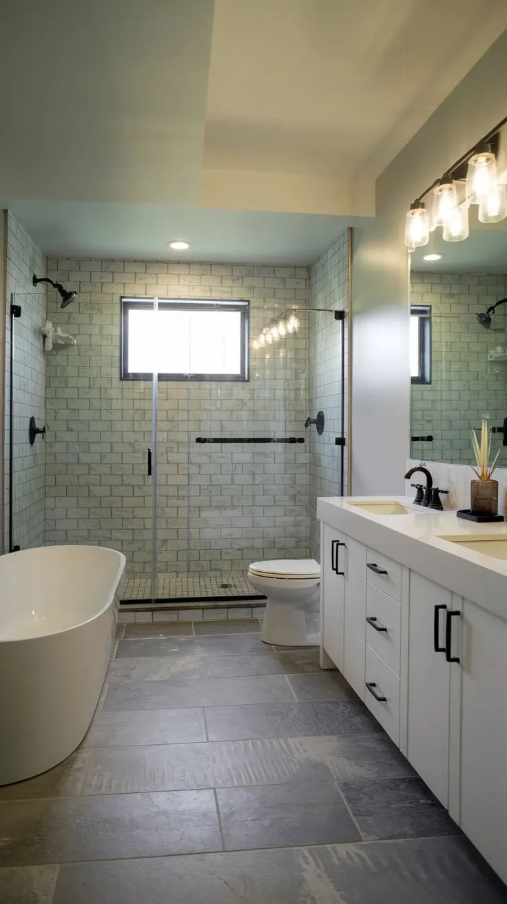 Sleek Modern Basement Bathroom with Bright Grey Tiles