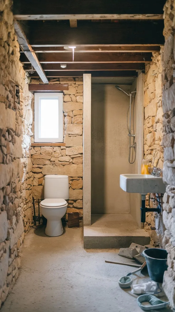 Unleashing the potential of this basement space!  This basement renovation is underway, with the new basement toilet, shower, and sink already taking shape.  The exposed stone walls and concrete floor add character to this basement bathroom, while the strategically placed window brightens the basement washroom.  This project is a perfect example of how thoughtful basement design can transform basement utilities into luxurious basement amenities.  We're excited to see the final result of this basement remodel, including the upgraded basement plumbing and carefully chosen basement fixtures.