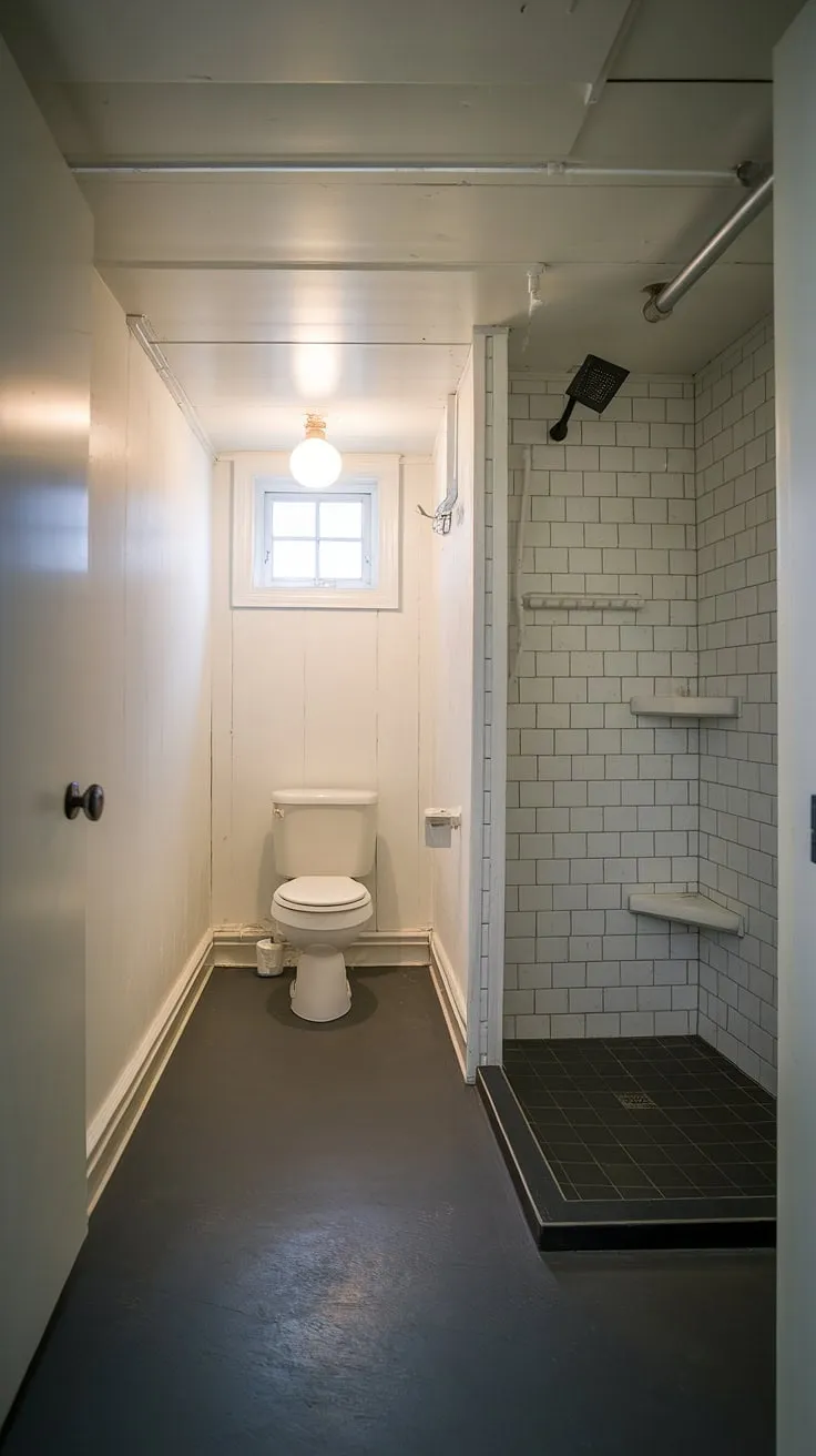 This well-maintained basement bathroom showcases the possibilities of basement renovation.  The thoughtful basement design maximizes the basement space, incorporating essential basement amenities like a shower and toilet, all while featuring updated basement fixtures and efficient basement plumbing.  This basement restroom, or basement washroom as you prefer, proves that even basement utilities can be stylish and functional.  A successful basement remodel indeed!