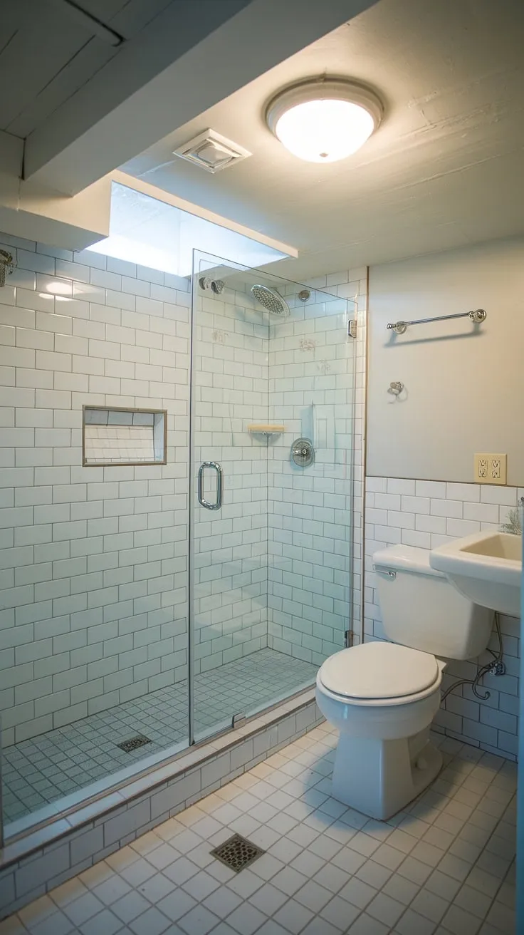 This basement washroom is a triumph of basement renovation.  The clever use of light and space in this basement bathroom creates a surprisingly spacious and inviting basement restroom.  High-quality basement fixtures and efficient basement plumbing are seamlessly integrated into the design, making this basement shower and basement toilet a true highlight.  This basement remodel perfectly demonstrates how to add valuable basement amenities and enhance the overall basement utilities and basement space.  A stunning example of basement design.