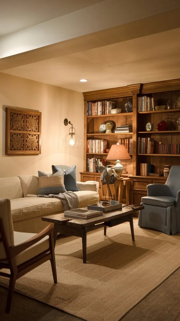 Cozy Basement Bedroom with Warm Lighting and Decor