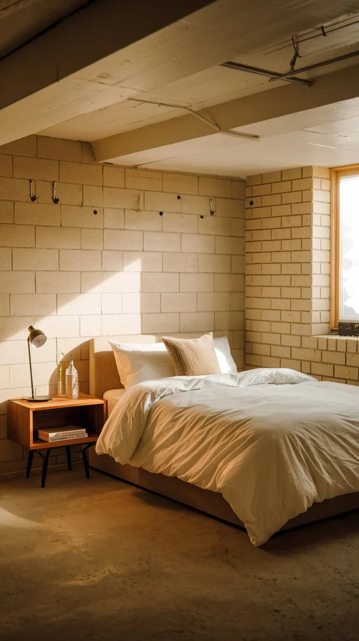 Serene Basement Bedroom with Warm Light and Comfort