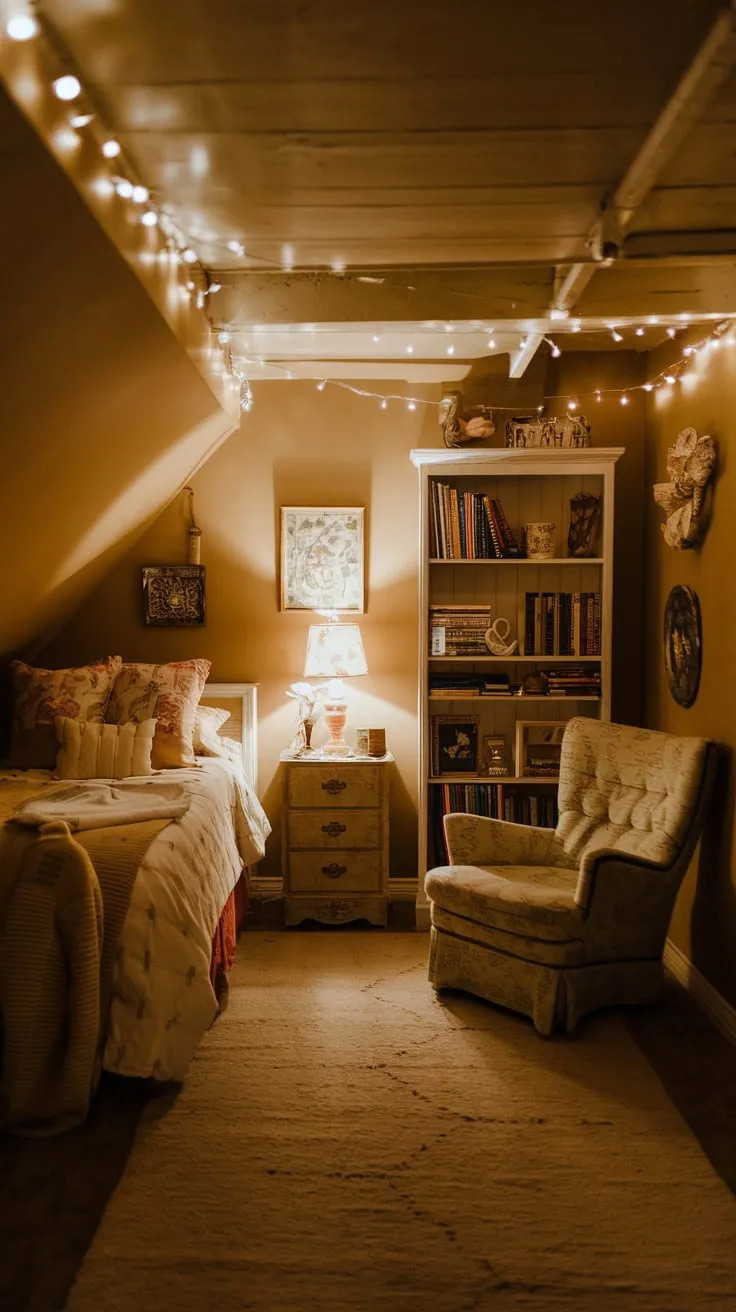 Cozy Vintage Basement Bedroom with Warm Fairy Lights