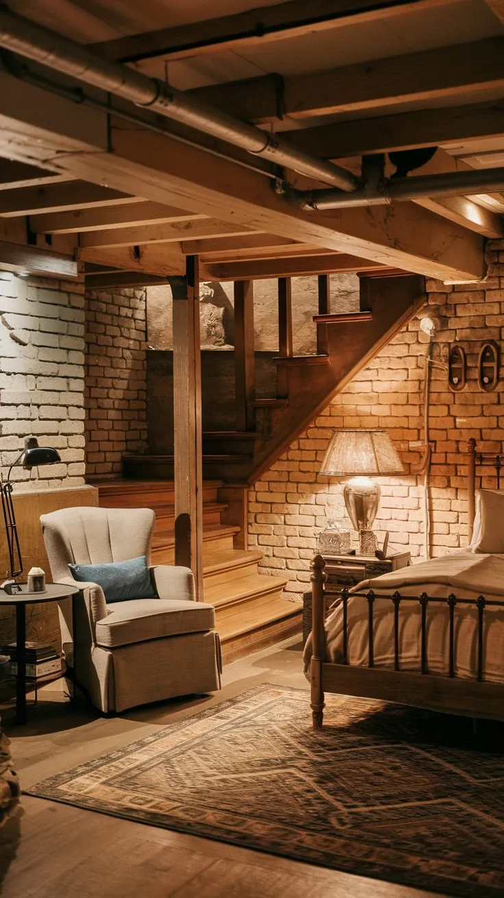 Cozy Rustic Basement Bedroom with Warm Ambiance