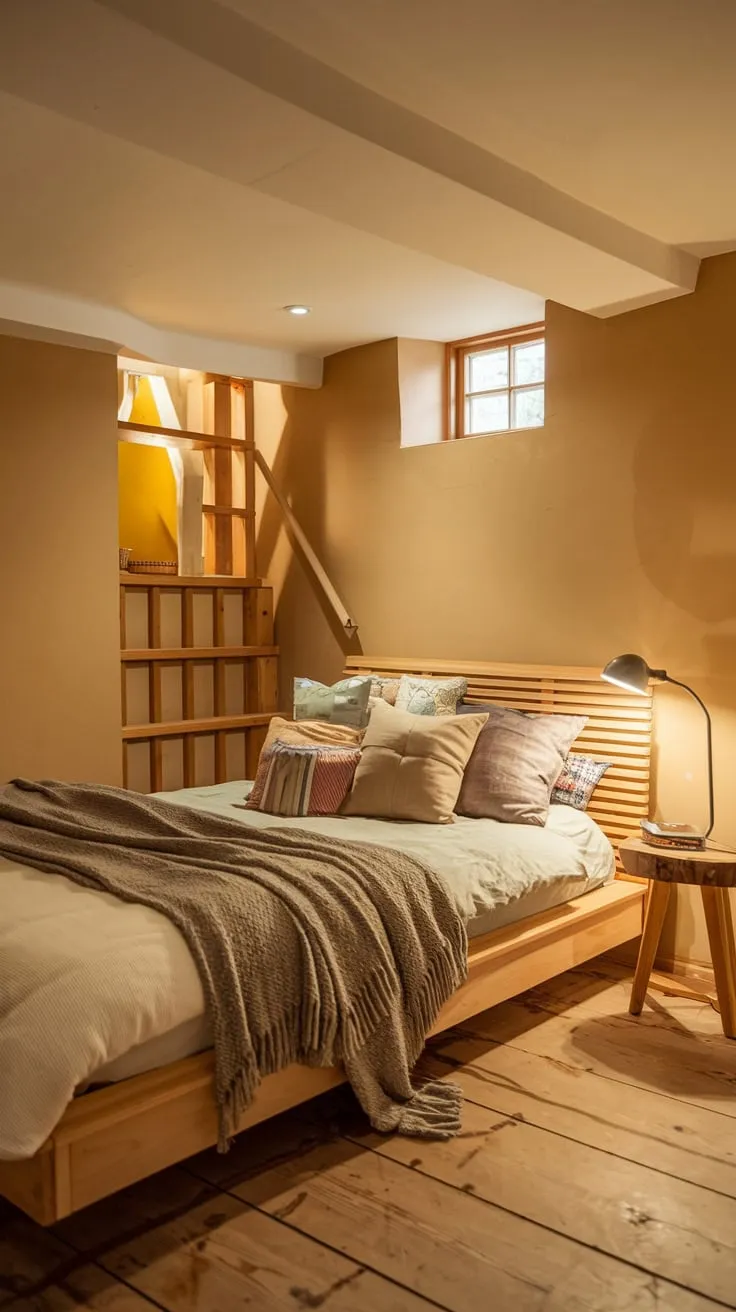 Cozy Basement Bedroom with Warm Lighting and Comfort