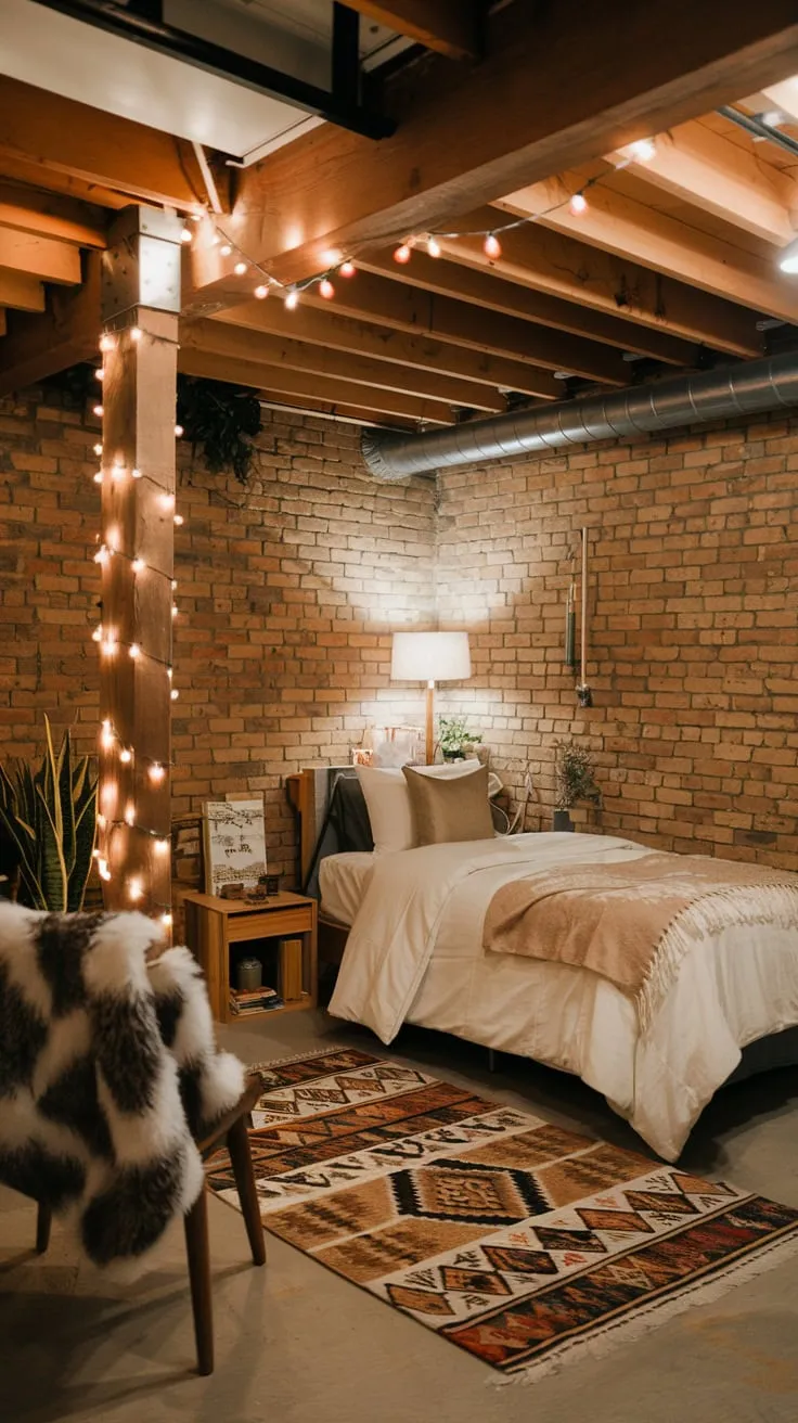 Cozy Basement Bedroom with Exposed Brick Charm