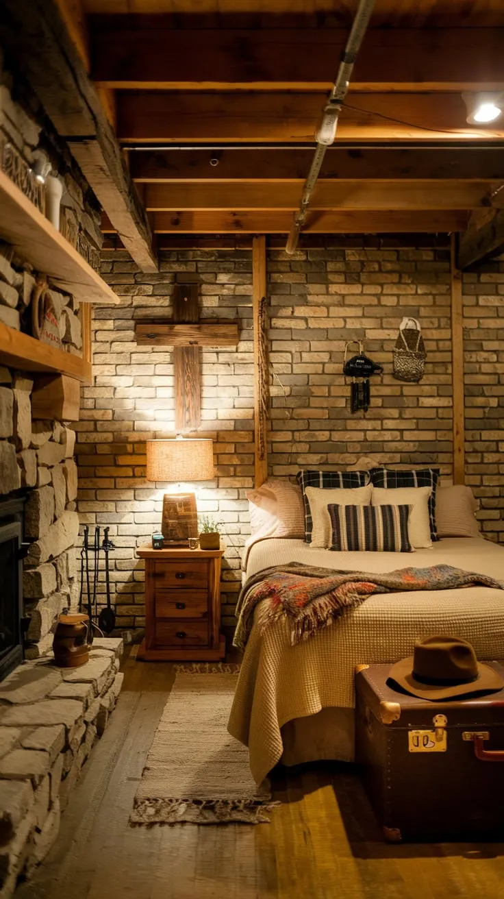 Cozy Rustic Basement Bedroom with Warm Ambient Charm