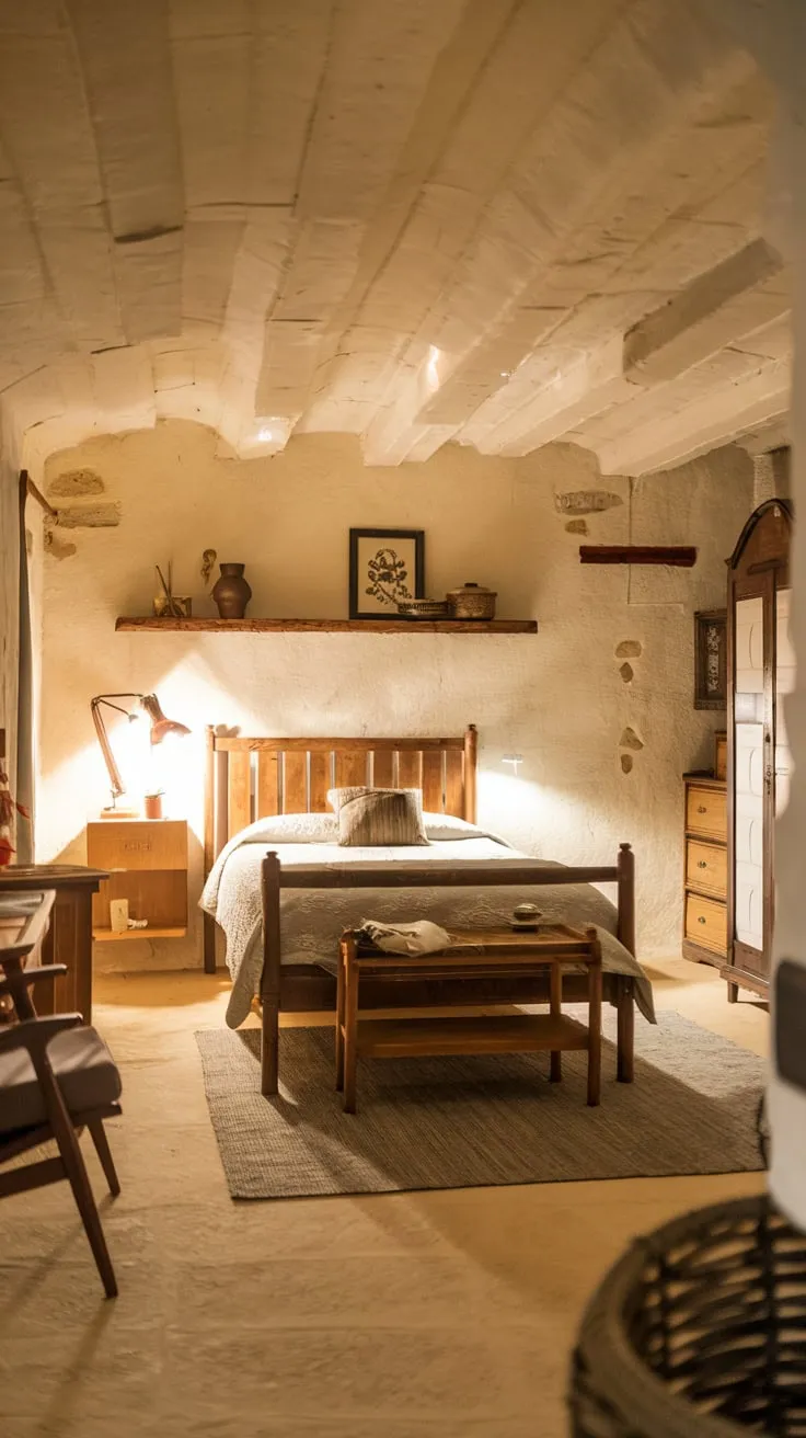 Cozy Rustic Basement Bedroom with Warm Lighting