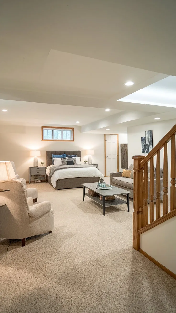 Transform your unused basement into a stunning living space. This basement conversion boasts a private basement bedroom, a relaxing living area with TV, and a dedicated basement sleeping area—all within a bright and airy finished basement.  Perfect for a basement apartment, basement suite, or basement guest room, this space offers incredible flexibility as a basement rental or even a cozy basement studio.  The thoughtful design maximizes every inch of this basement living space.