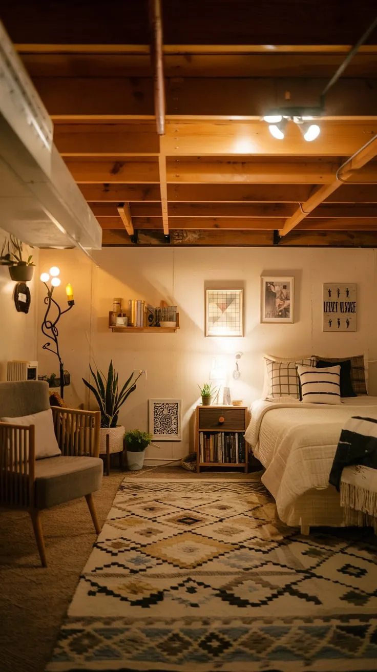 Cozy Basement Bedroom with Warm Lighting and Charm