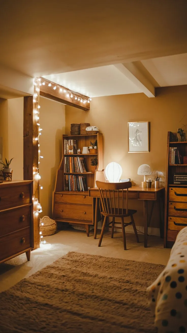 Cozy Vintage Basement Bedroom with Warm Lighting Ambiance