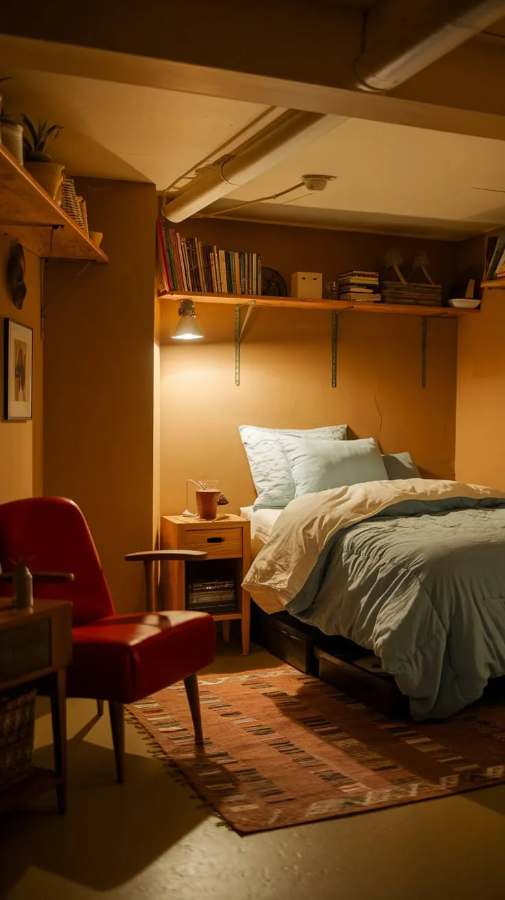 Cozy Basement Bedroom with Warm Tones and Comfort