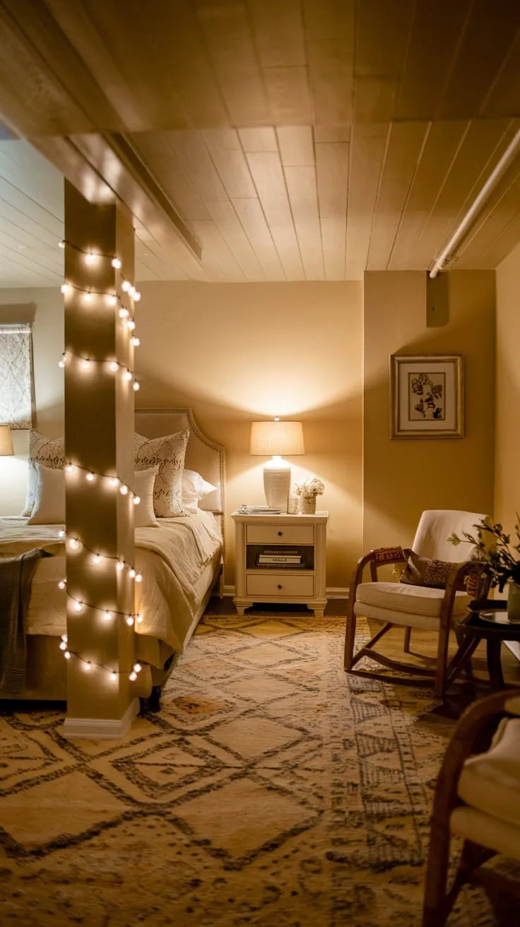 Cozy Basement Bedroom with Warm Lighting and Comfort