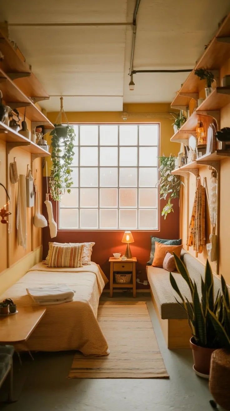 Cozy Basement Bedroom with Warm Colors and Plants