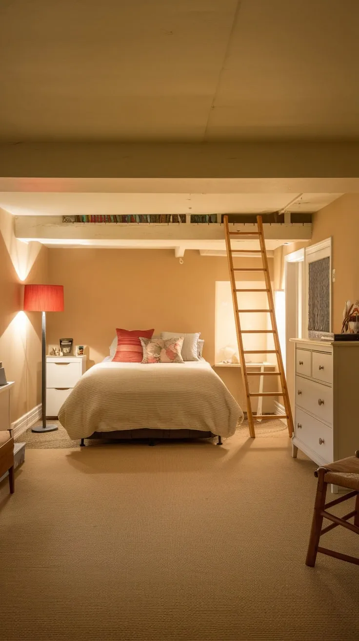 Cozy Basement Bedroom with Loft and Warm Lighting