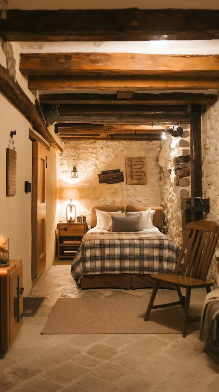 Cozy Rustic Basement Bedroom with Warm Inviting Charm