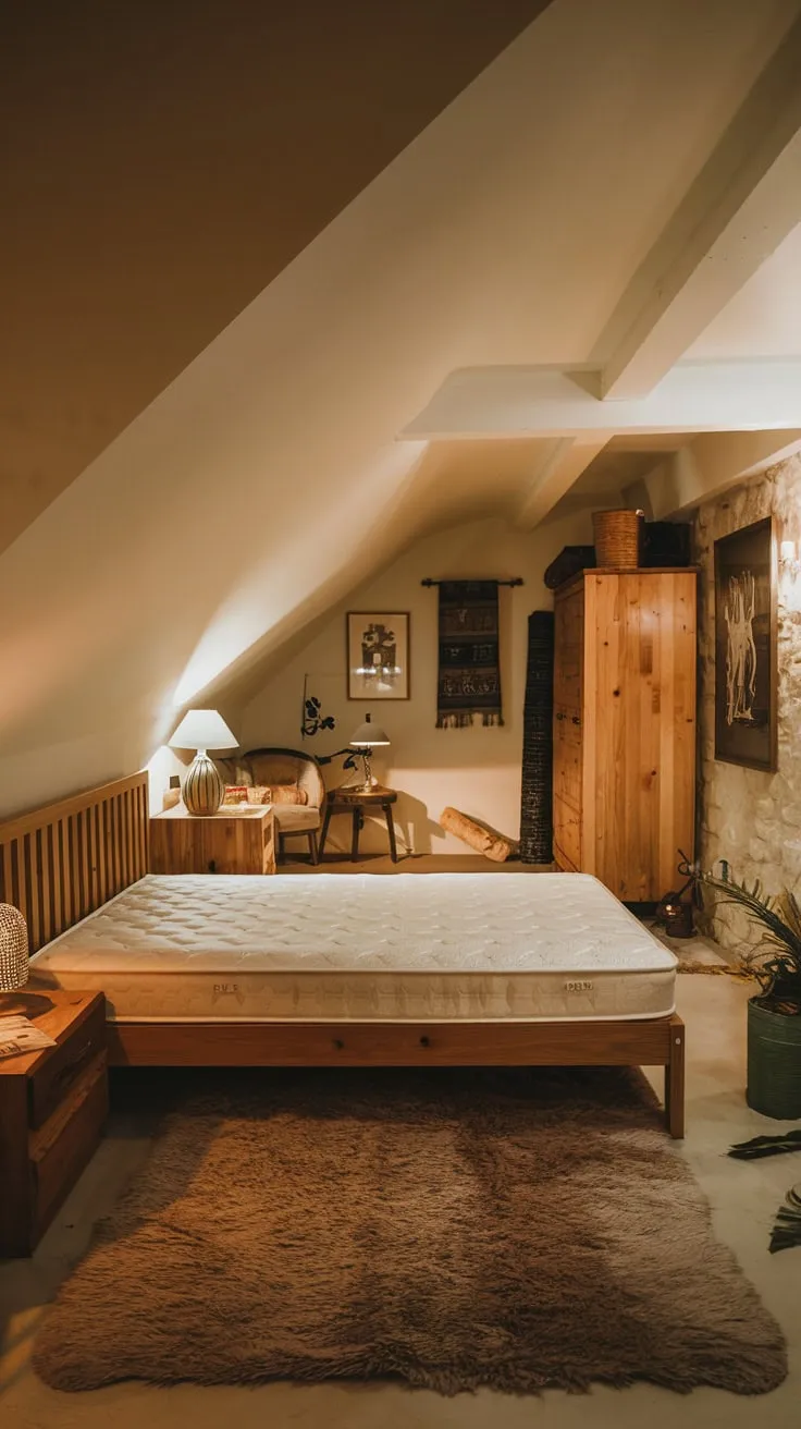 Cozy Basement Bedroom with Warm Lighting and Charm
