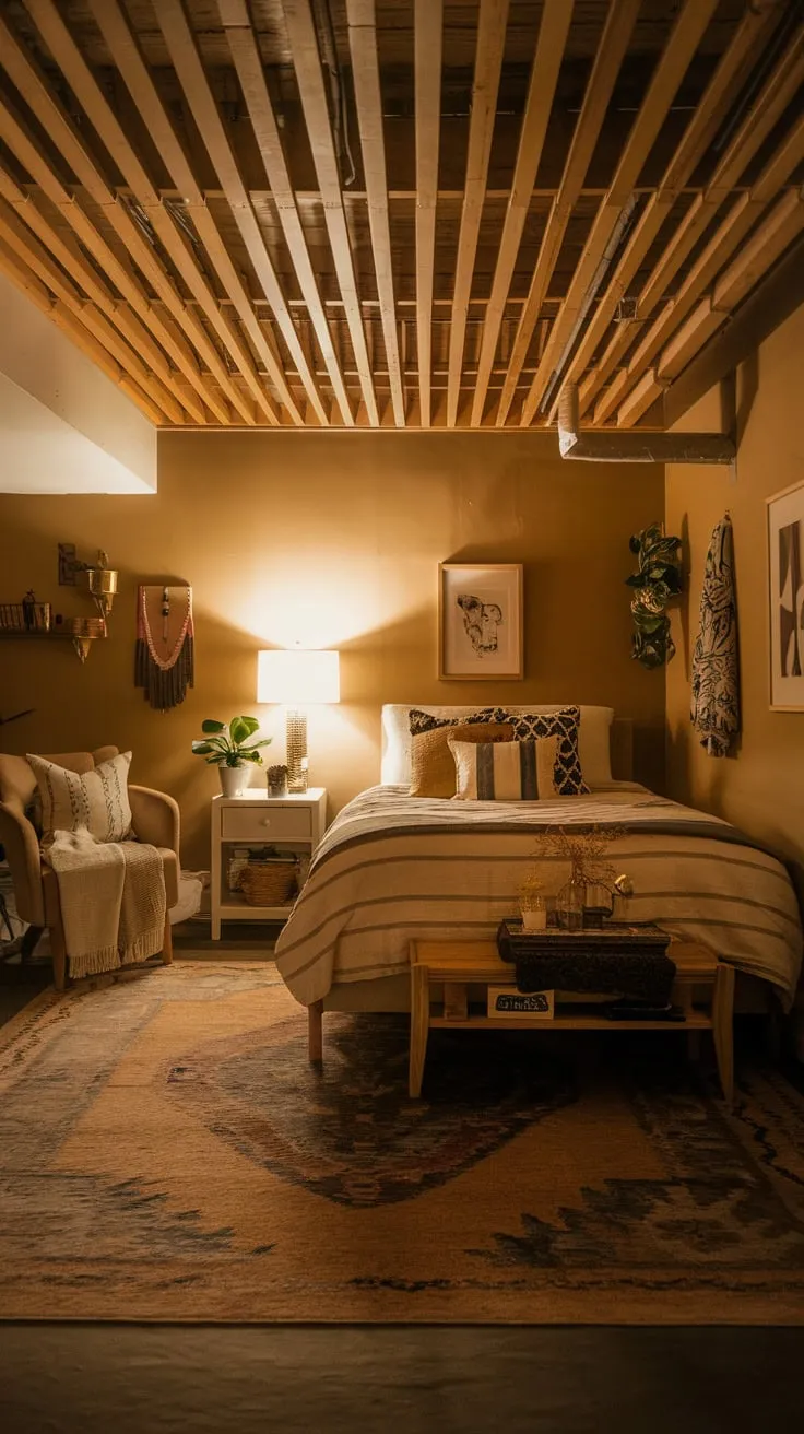 Cozy Basement Bedroom with Warm Lighting and Decor