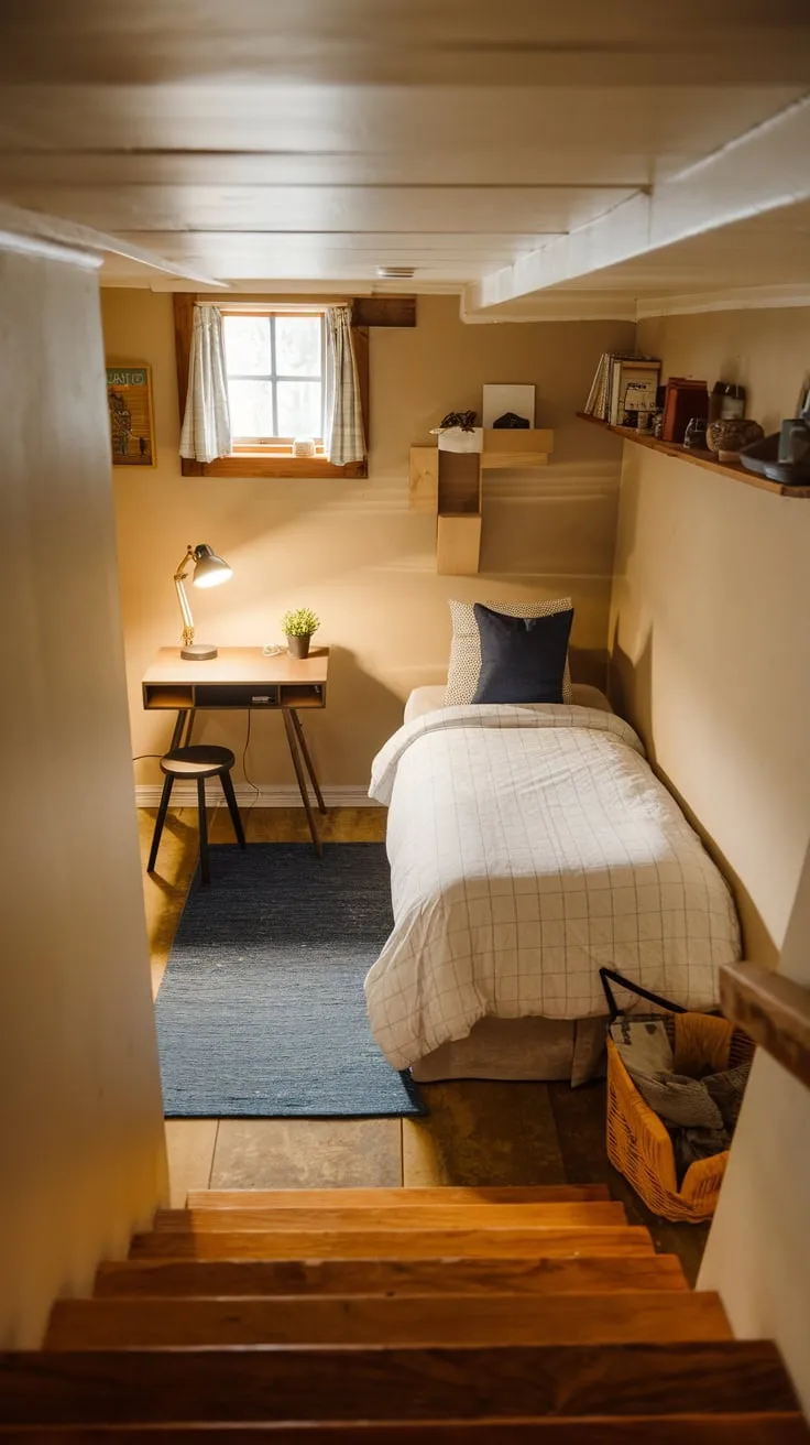 Cozy Basement Bedroom with Warm Lighting and Comfort