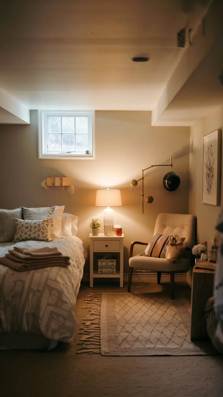 Cozy Basement Bedroom Bathed in Soft Warm Light