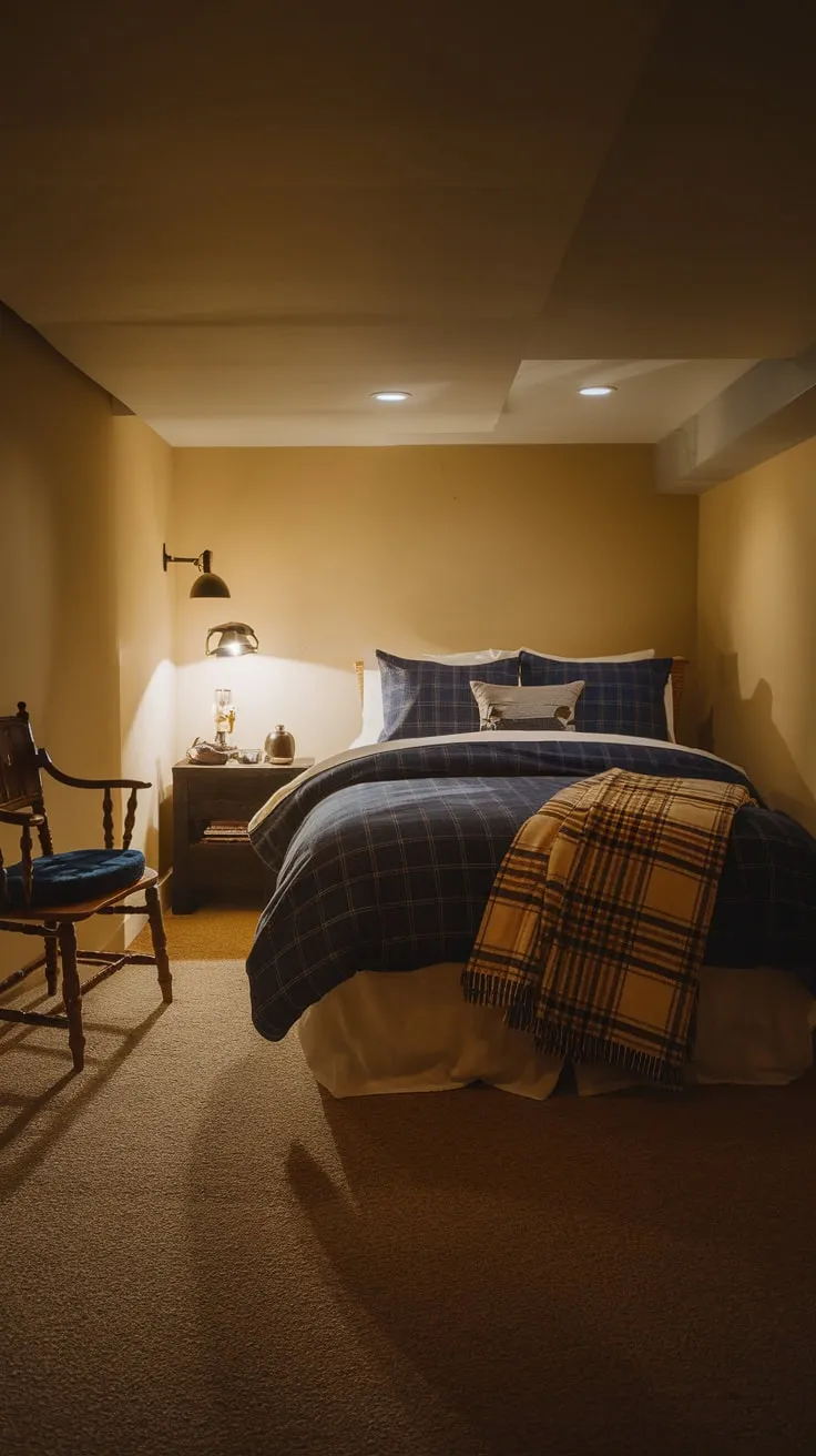 Cozy Basement Bedroom Exuding Warmth and Comfort