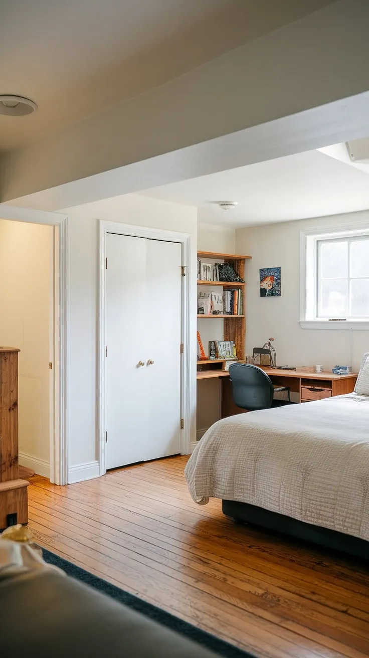 This finished basement offers a complete and private basement suite, perfect for a basement rental.  The cozy basement bedroom, complete with a queen bed, desk, and bookshelf, provides comfortable basement living space.  A separate entrance makes this basement apartment or basement studio ideal for guests or tenants, a smart basement conversion maximizing your home's potential.