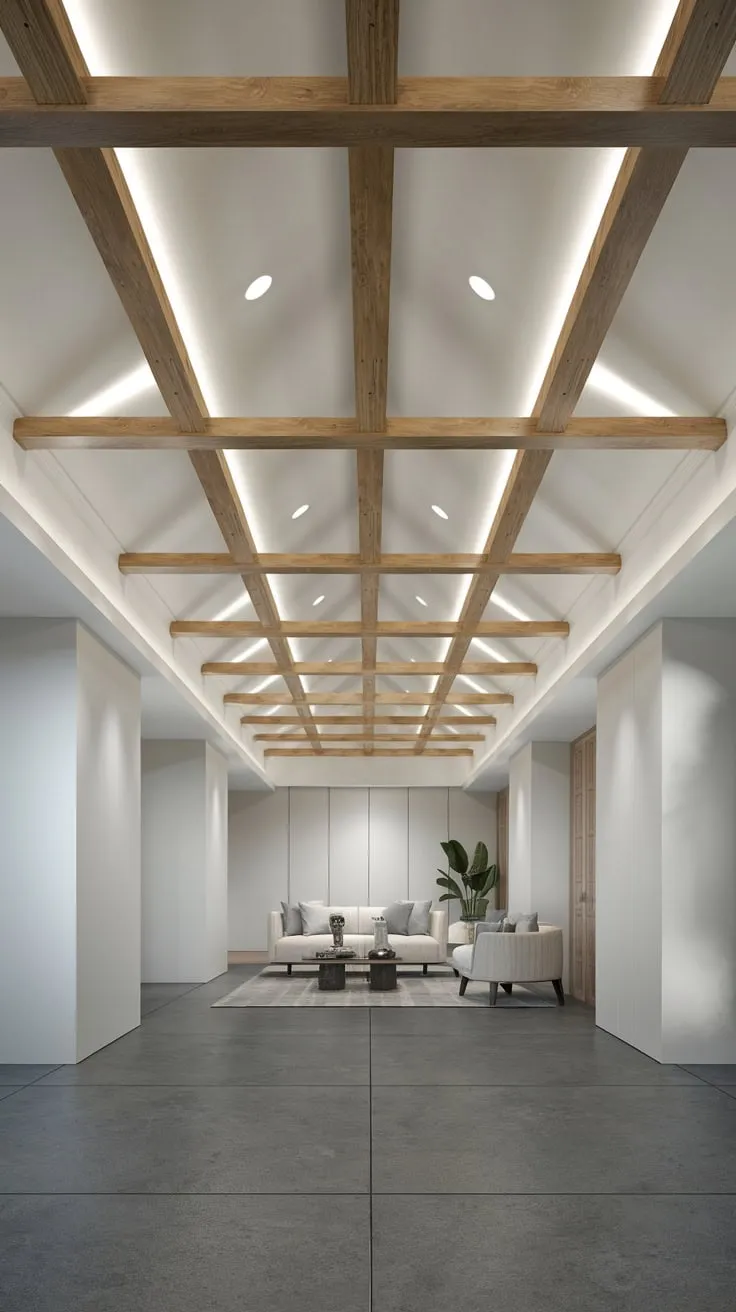 Modern Minimalist Basement with Exposed Beams and Lighting