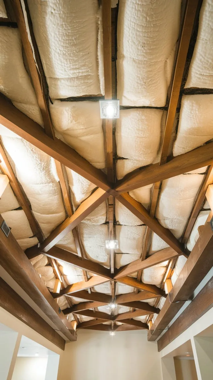 Modern Basement Showcasing Unique Wooden Beam Ceiling Design