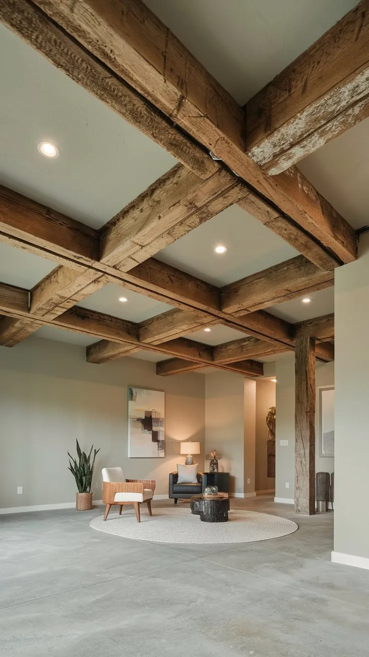 Stylish Modern Basement Showcasing Unique Exposed Beam Ceiling