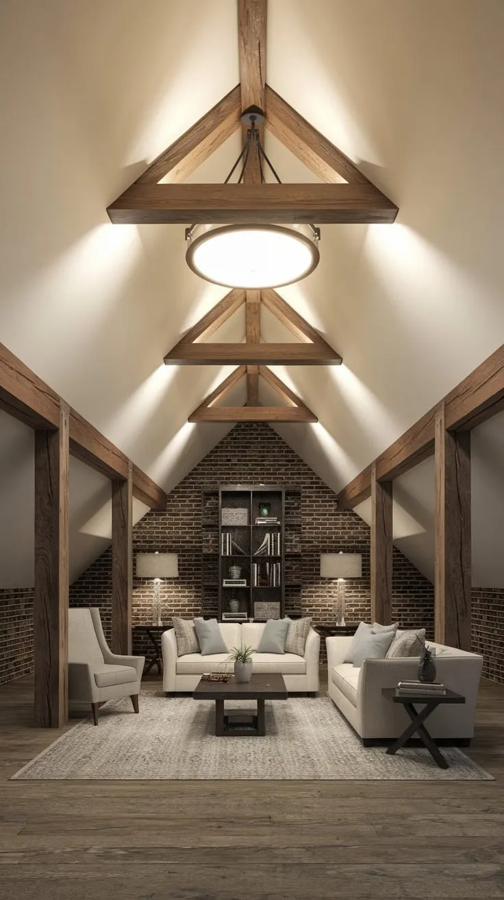Rustic Modern Basement with Exposed Beams and Light