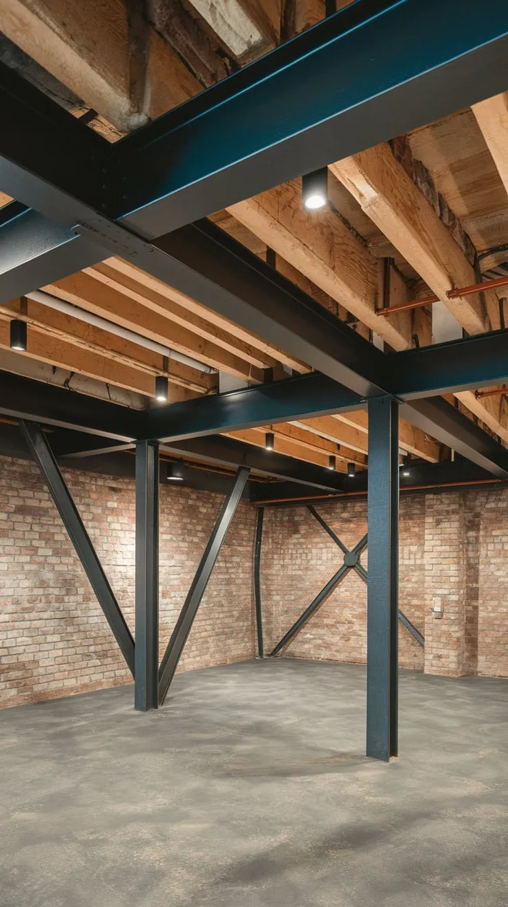 Stylish Modern Basement with Exposed Brick and Beams