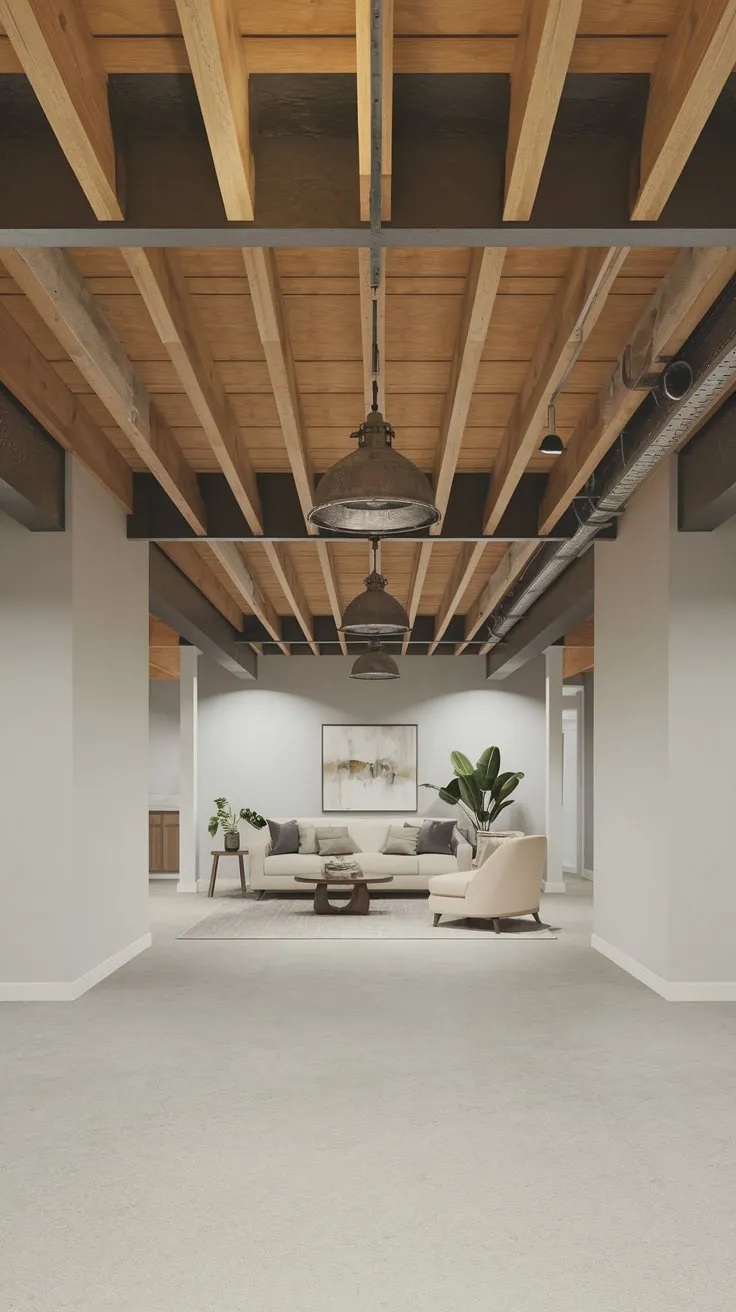 Modern Basement with Exposed Beams and Minimalist Decor