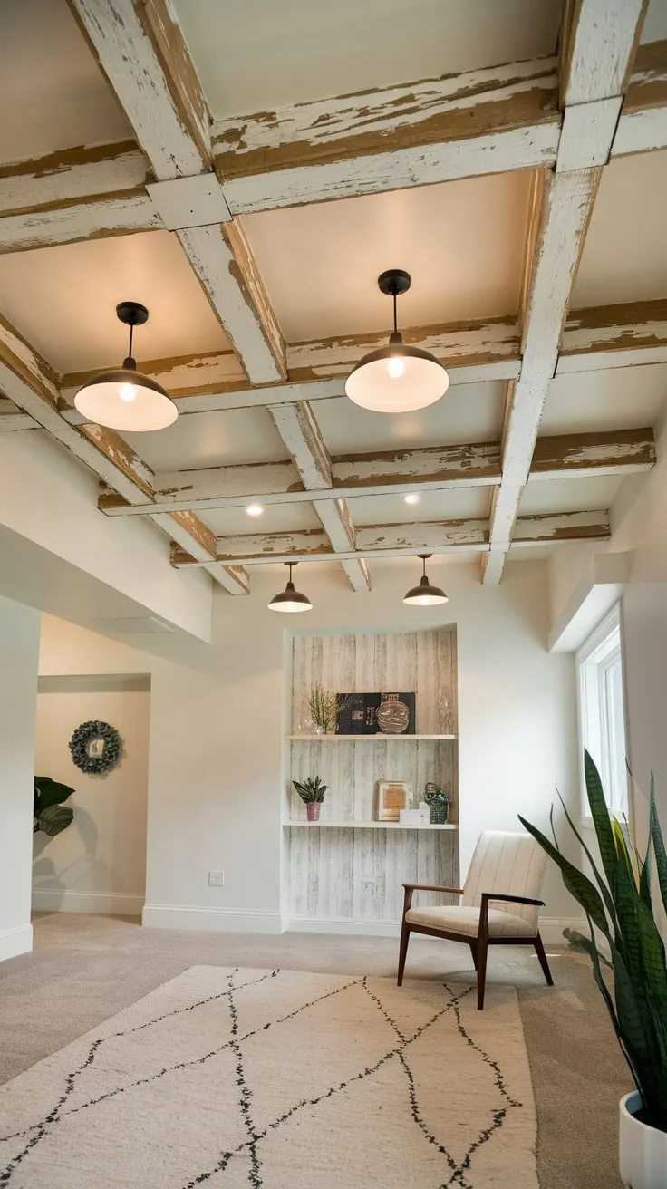 Stylish Modern Basement Featuring Unique Exposed Beam Ceiling