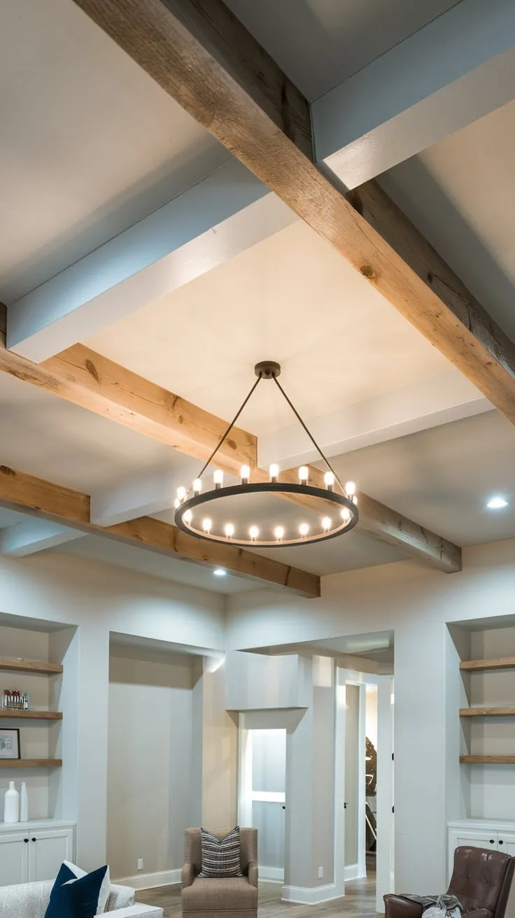 Elegant Modern Basement with Exposed Beams and Chandelier