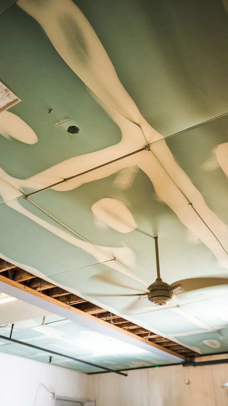 This low ceiling basement, with its exposed basement ceiling joists and cracked drywall, is a project waiting to happen.  The existing basement ceiling fan offers a temporary solution, but proper basement ceiling repair, including new basement ceiling tiles or perhaps even a fresh coat of basement ceiling paint, would dramatically improve this space.  Consider adding basement ceiling insulation to boost energy efficiency.  The basement ceiling height might be a challenge, but the potential for transformation is undeniable.