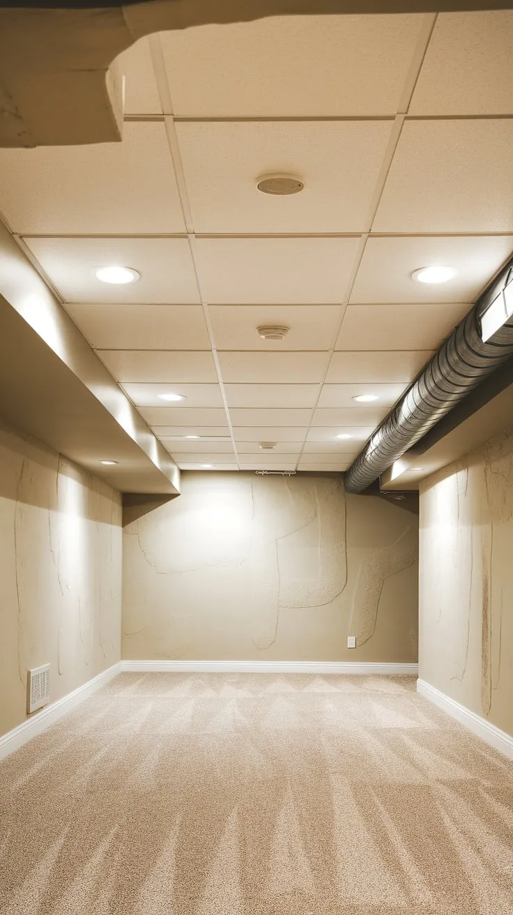 The cramped confines of this low ceiling basement, featuring square white basement ceiling tiles, beg for a transformation.  Improving the basement ceiling height isn't feasible, but basement ceiling repair, new basement ceiling drywall, and better basement ceiling insulation are definite possibilities.  A fresh coat of basement ceiling paint could dramatically alter the feel of the room, while strategically placed lighting and a new basement ceiling fan could maximize the limited space.  The exposed basement ceiling joists add a touch of industrial charm.