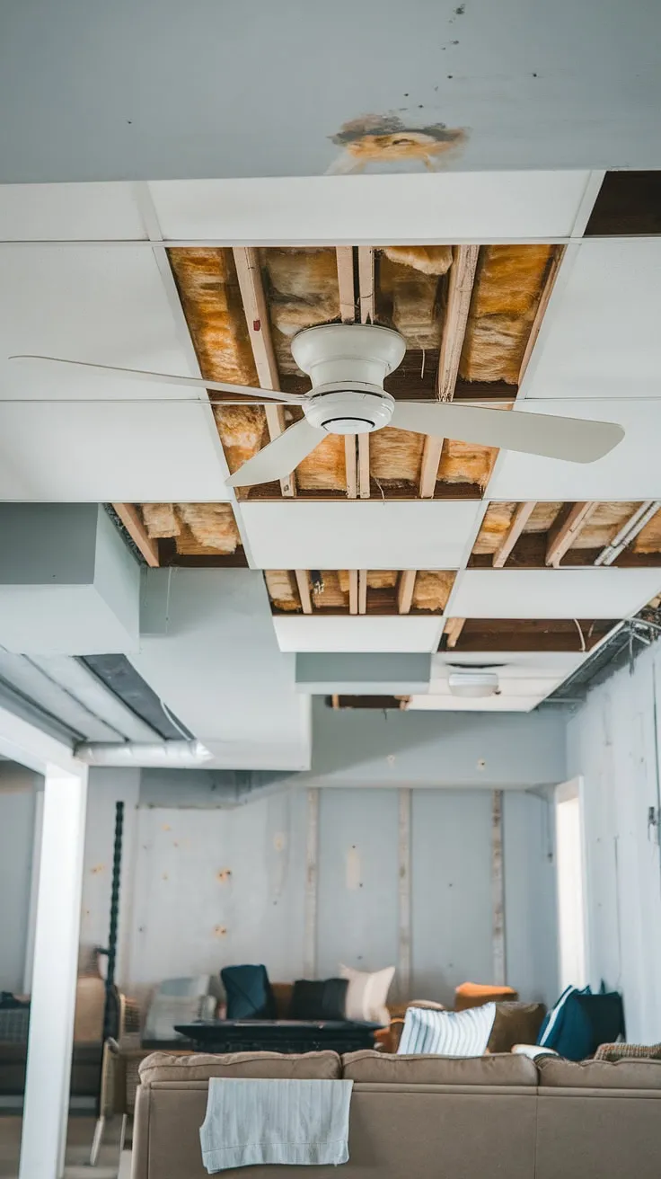 The imperfect charm of this low ceiling basement is undeniable.  Visible basement ceiling repair, slightly mismatched basement ceiling tiles, and exposed basement ceiling joists tell a story.  The basement ceiling insulation is a testament to its practicality, while the basement ceiling paint and a simple basement ceiling fan add touches of comfort.  Despite its quirks, it's a cozy space.