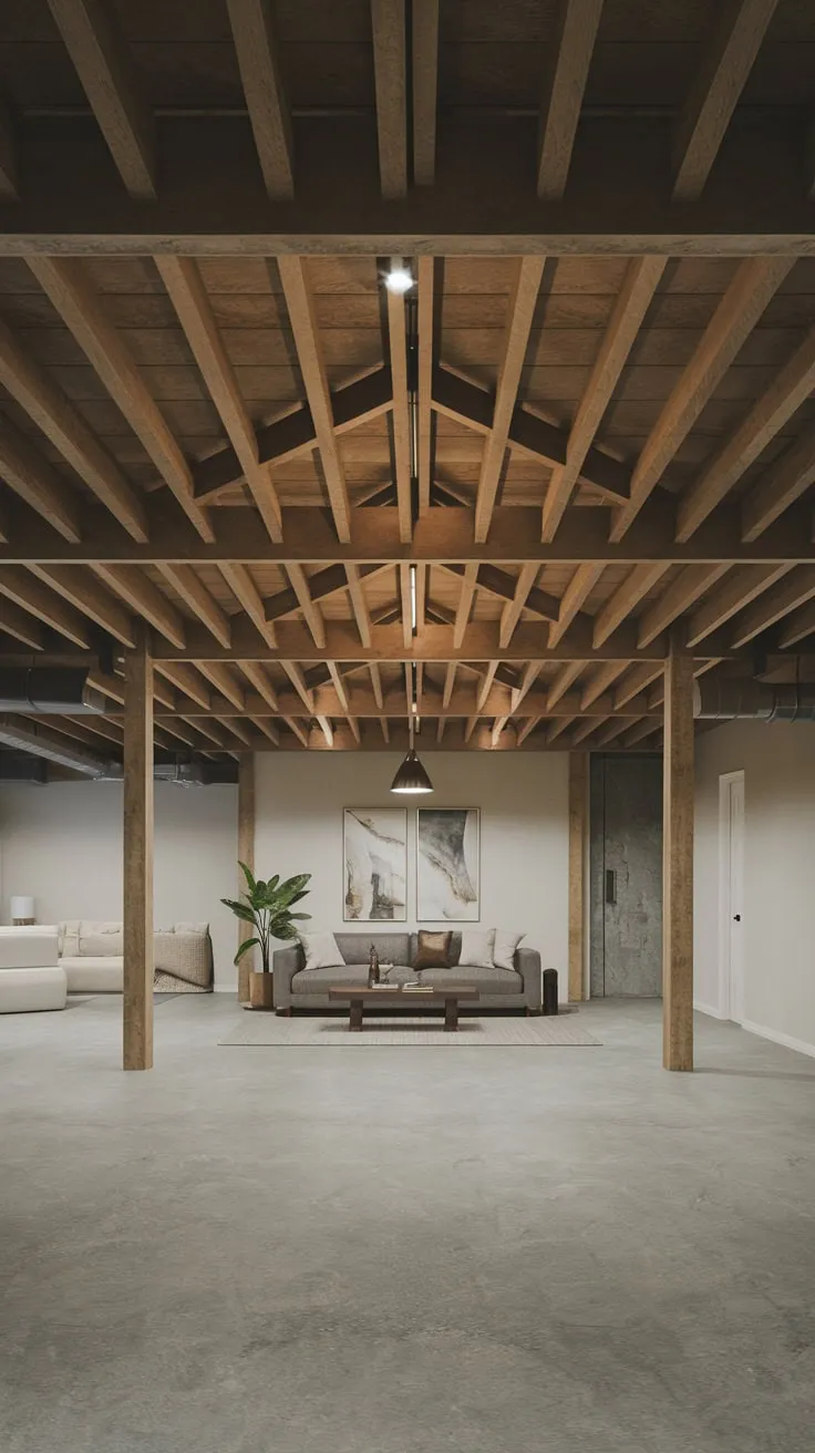 Modern Basement with Open Wooden Beams and Minimalist Decor