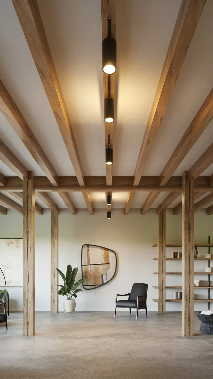 Stylish Basement Ceiling with Exposed Beams and Lights