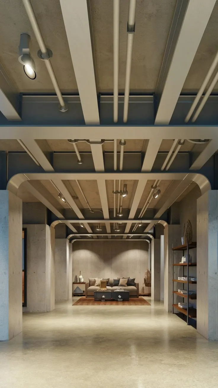 Modern Basement with Stylish Exposed Beams and Lights