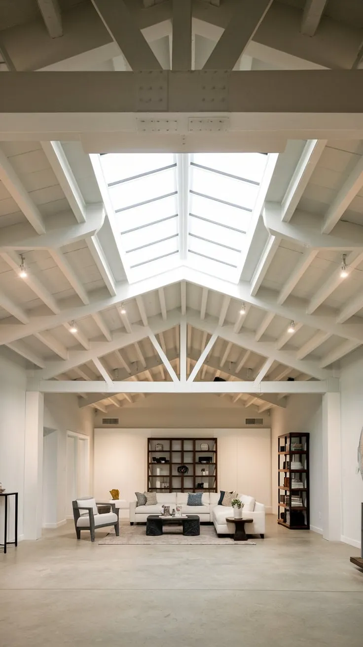 Bright Modern Basement with Exposed Beams and Skylight