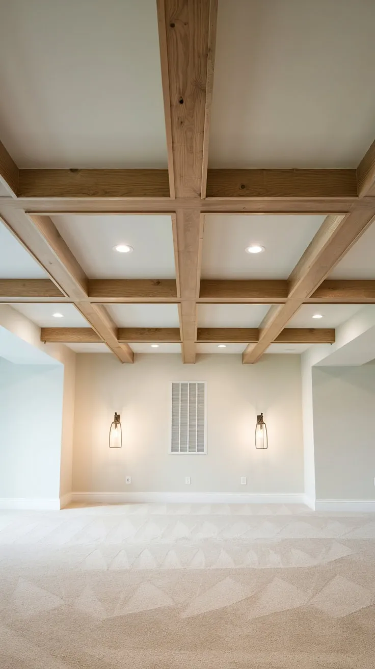 Modern Basement Ceiling with Exposed Light Wood Beams