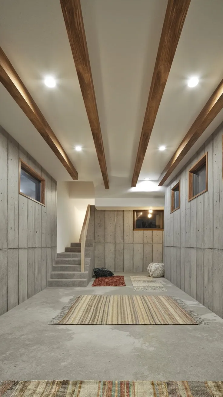 Stylish Modern Basement with Exposed Beams and Lights