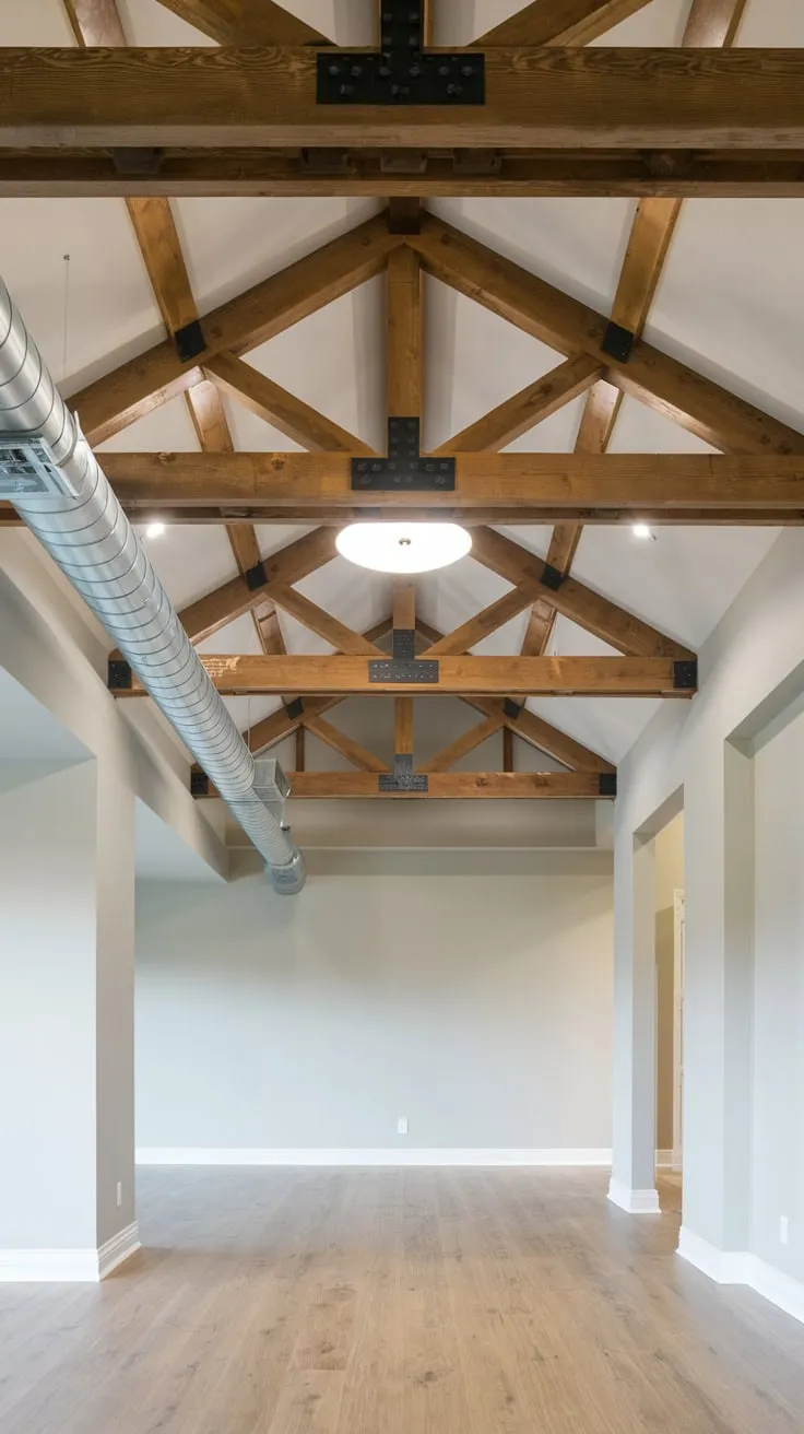 Rustic Exposed Beams Enhance Modern Basement Aesthetic